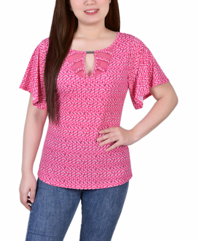 Ny Collection Women's Mesh Flutter Sleeve Knit Top In Magenta Velerdot
