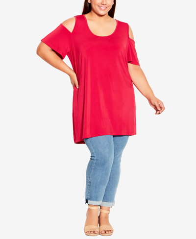 Avenue Plus Size Claire Cold Shoulder Tunic Top In Persian Red