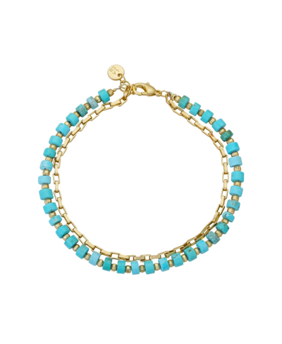 Unwritten 14k Gold Flash Plated Reconstituted Turquoise Paperlink Chain Double Bracelet In Gold-tone