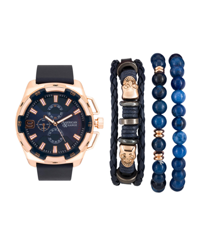 American Exchange Men's Rose Gold/navy Analog Quartz Watch And Holiday Stackable Gift Set In Brown/silver