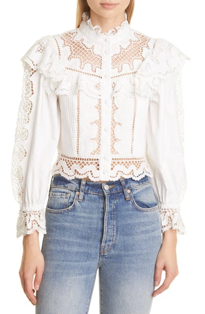 Alice And Olivia Marlo Eyelet Lace Ruffled Cropped Blouse In Off White
