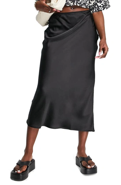 Topshop Satin Bias Midi Skirt In Black