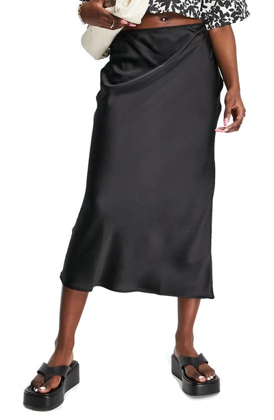 Topshop Satin Bias Midi Skirt In Black In Black