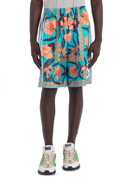Versace First Line Acid Bouquet Print Silk Basketball Shorts In Turquoise Black Orange