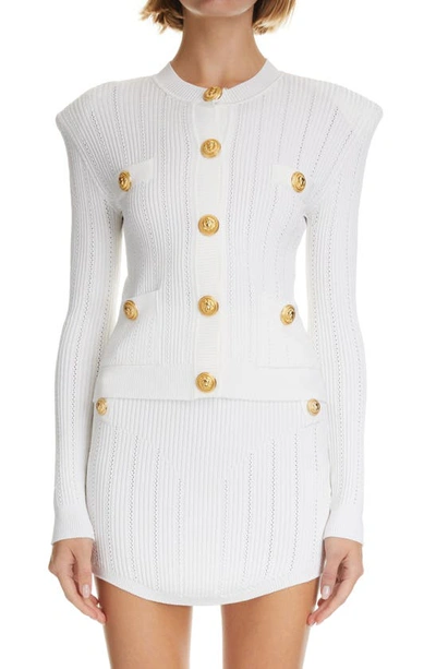 Balmain Pointelle Rib Cardigan In Blanc