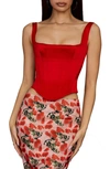 House Of Cb Rafa Satin Longline Corset Top In Red