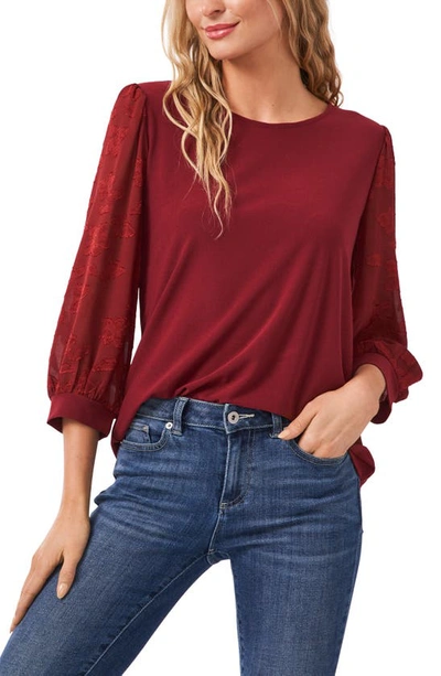 Cece Lace Sleeve Stretch Crepe Blouse In Claret Red