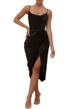 House Of Cb Reva Satin Gathered Corset Dress In Black