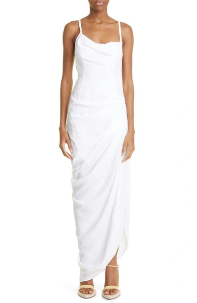 Jacquemus Saudade Asymmetric Draped Twill Dress In White