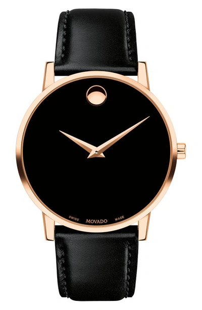 Movado Leather Strap Watch, 40mm In Black/ Rose Gold
