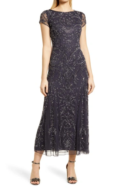 Pisarro Nights Beaded Mesh Column Gown In Slate