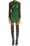 Alexander Wang Double Layer Long Sleeve Stretch Mesh Minidress In Black/ Iguana