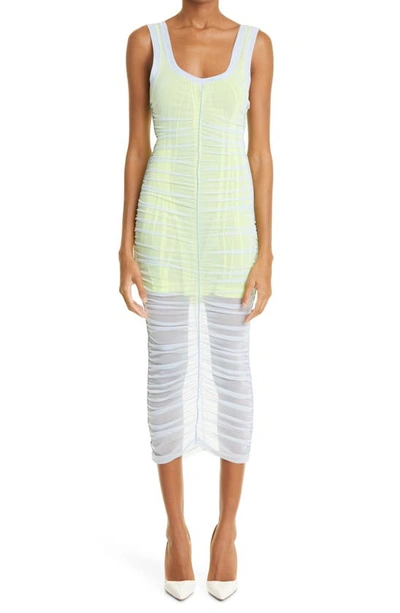 Alexander Wang Layered Ruched Paneled Stretch-tulle Midi Dress In Blue Pearl/glowstick