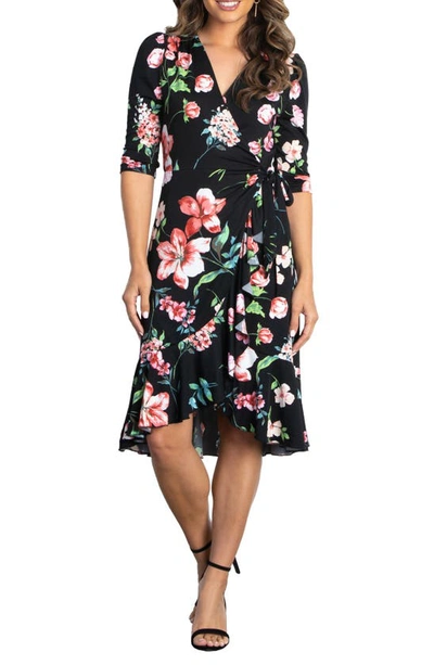 Kiyonna Flirty Flounce Floral Print Wrap Dress In Midnight Meadow