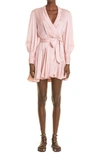 Zimmermann Long Sleeve Silk Wrap Minidress In Blush