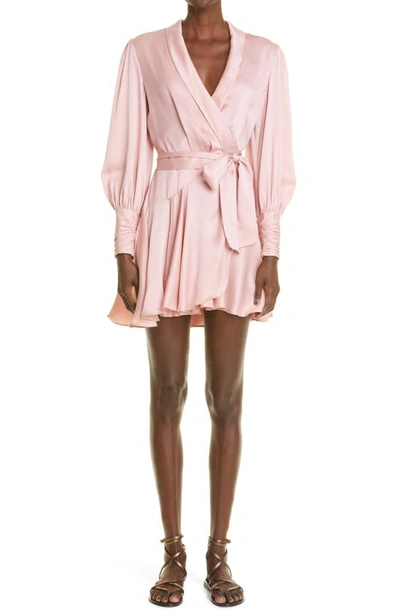 Zimmermann Long Sleeve Silk Wrap Minidress In Blush