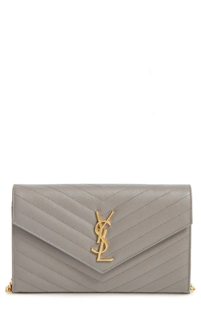 Saint Laurent Large Monogram Quilted Leather Wallet On A Chain In Oyster