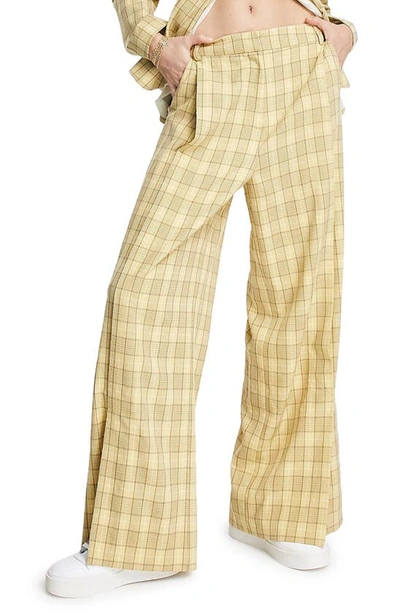 Topshop Pleat Detail Wide Leg Pants In Yellow Plaid