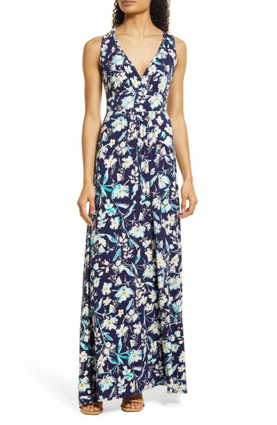 Loveappella Floral Empire Waist Maxi Dress In Navy