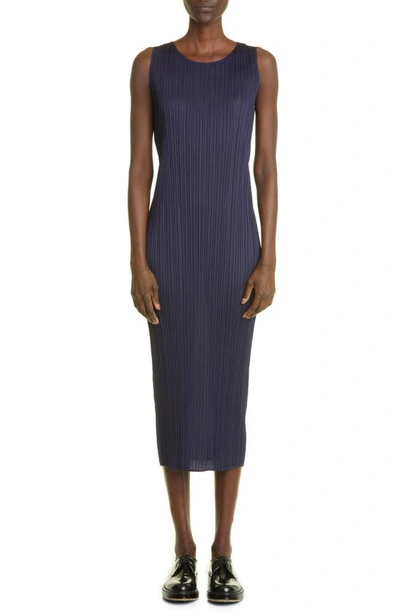 Issey Miyake Basics 2 Pleated Midi Dress In Navy
