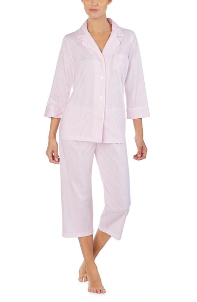 Lauren Ralph Lauren Knit Crop Cotton Pyjamas In Pink White Stripe