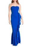 Dress The Population Paris Ruffle Strapless Mermaid Gown In Blue