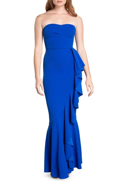Dress The Population Paris Ruffle Strapless Mermaid Gown In Blue