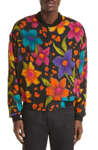 Saint Laurent Embellished Floral-print Crepe Bomber Jacket In Neutral