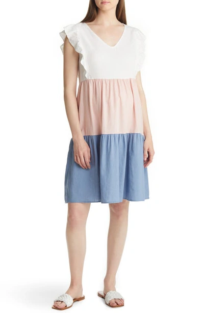 Angel Maternity Color Block Tiered Maternity/nursing Dress In Blue/ Pink