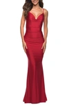 La Femme Elegant Ruched Jersey Gown With Low Back In Red