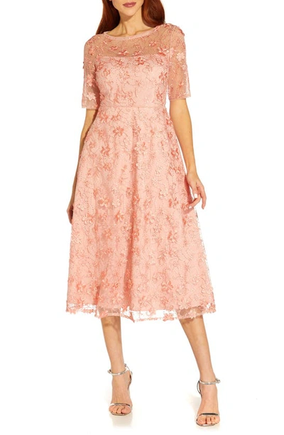 Adrianna Papell Womens Embroidered Calf Midi Dress In Peach Blossom