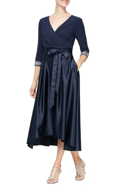 Alex Evenings Petite Surplice High-low Dress In Navy