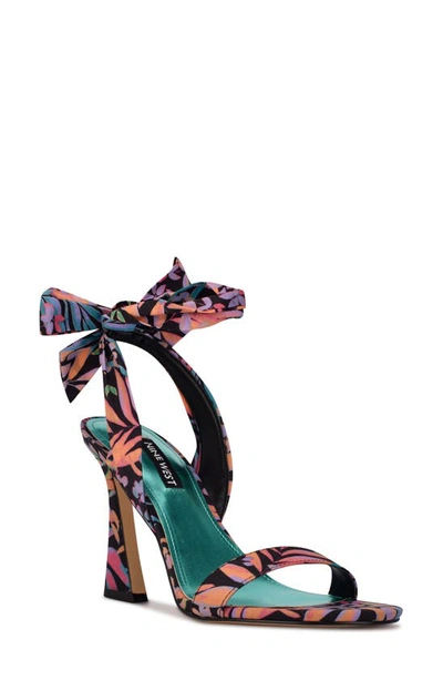 Nine West Kelsie Ankle Tie Sandal In Black Tropical Floral Print