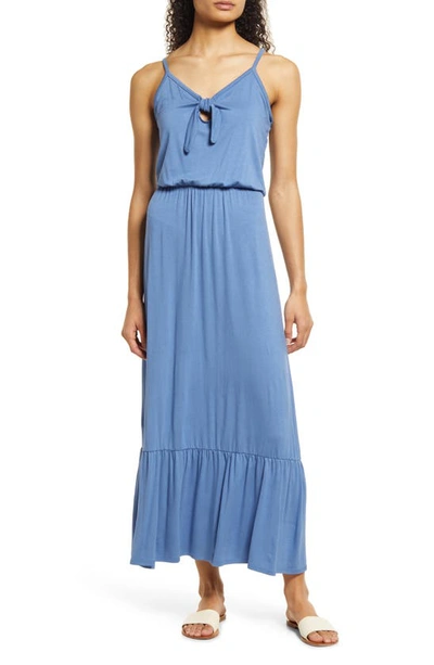 Loveappella Tie Front Maxi Sundress In Denim