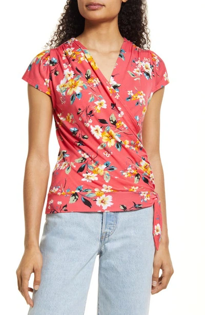 Loveappella Floral Faux Wrap Top In Coral