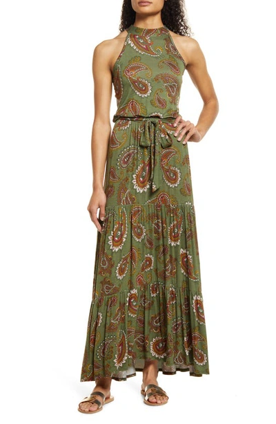 Loveappella Paisley Halter Maxi Dress In Olive