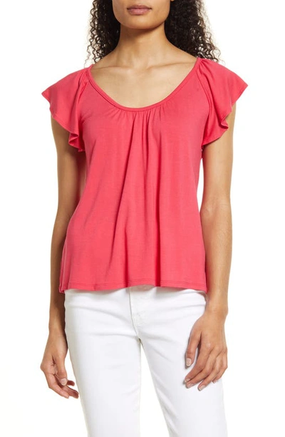 Loveappella Flutter Sleeve Top In Coral