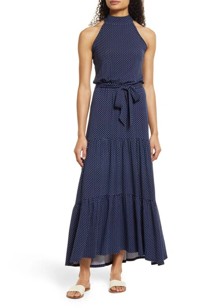 Loveappella Polka Dot Halter Neck Maxi Dress In Navy