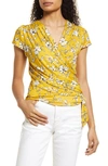 Loveappella Floral Print Faux Wrap Top In Sunflower