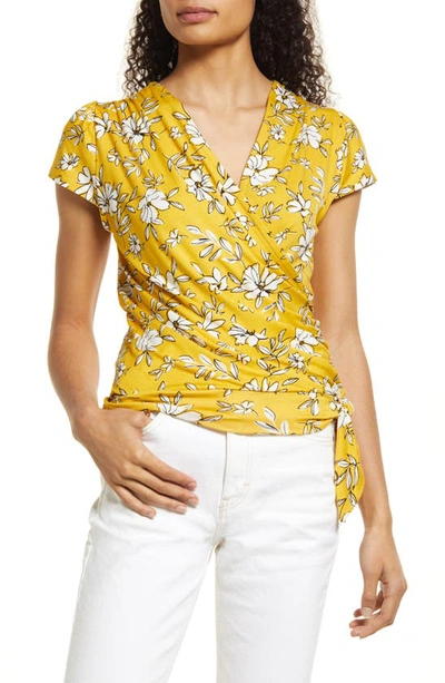 Loveappella Floral Print Faux Wrap Top In Sunflower