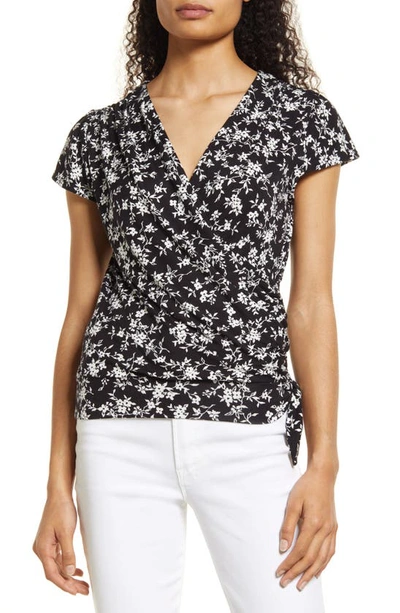 Loveappella Floral Print Faux Wrap Top In Black