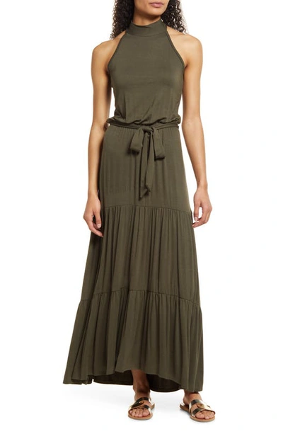 Loveappella Tiered Halter Maxi Dress In Olive