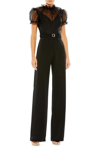 Mac Duggal Belted Illusion Crepe Jumpsuit In Black