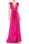 IEENA FOR MAC DUGGAL PLUNGE NECK PLEATED A-LINE GOWN