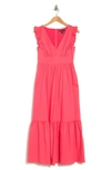 Maggy London V-neck Sleeveless Solid Maxi Dress In Sunkissed Coral