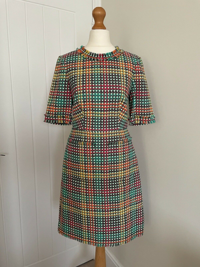 Pre-owned Lk Bennett L K Bennett "bonnie" Cotton Tweed Dress (red/green/yellow) - Uk 6 In Multicoloured