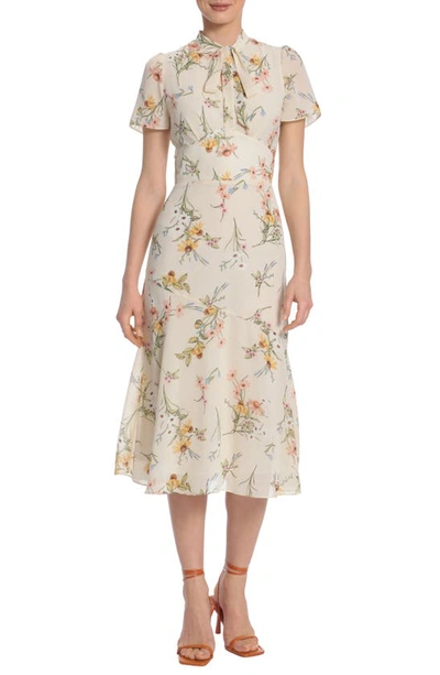 Maggy London Tie Neck Print Midi Dress In Cream/ Apricot