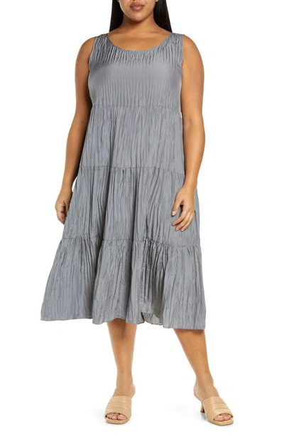 Eileen Fisher Sleeveless Tiered Silk Midi Dress In Steel