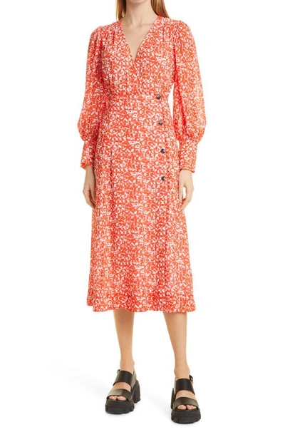 Ganni Balloon-sleeve Floral-print Crepe Midi Dress In Red