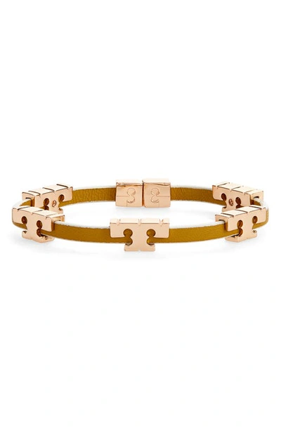 Tory Burch Serif-t Croc-embossed Leather Single Wrap Bracelet In Tory Gold / Palm / Ivory